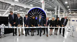 Pratt & Whitney leaders celebrate the conclusion of major construction at its new Asheville facility. (L to R) Jack Cecil, President - Biltmore Farms; P&W Asheville GM Dan Field; P&W President Shane Eddy; North Carolina Secretary of Commerce Machelle Baker Sanders; North Carolina Governor Roy Cooper; Buncombe County Commission Brownie Newman; P&W Chief Transformation Officer Jennifer Caruso; P&W SVP Operations Raquel Rivera; Golden Leaf Foundation President Scott Hamilton.