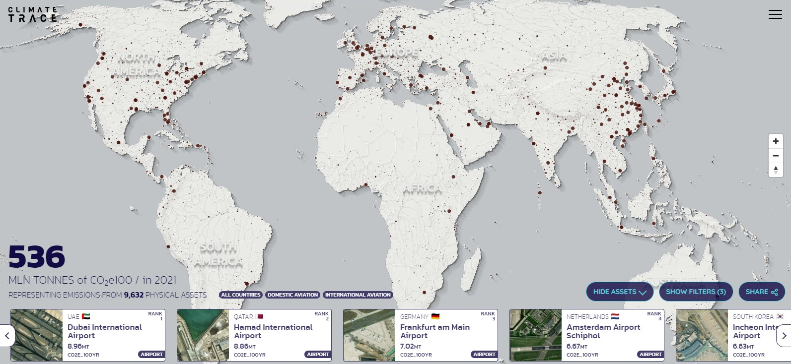 Map shows domestic and international aviation sectors: https://climatetrace.org/map/636bd0ab67881