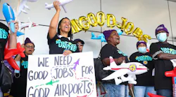 Leila Benitez, union crew chief, left, chants during a Thursday protest of Miami International Airport service workers demanding better wages, paid sick leave and other benefits. The unionized contract workers want Congress to pass the Good Jobs for Good Airports Act.