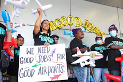Leila Benitez, union crew chief, left, chants during a Thursday protest of Miami International Airport service workers demanding better wages, paid sick leave and other benefits. The unionized contract workers want Congress to pass the Good Jobs for Good Airports Act.