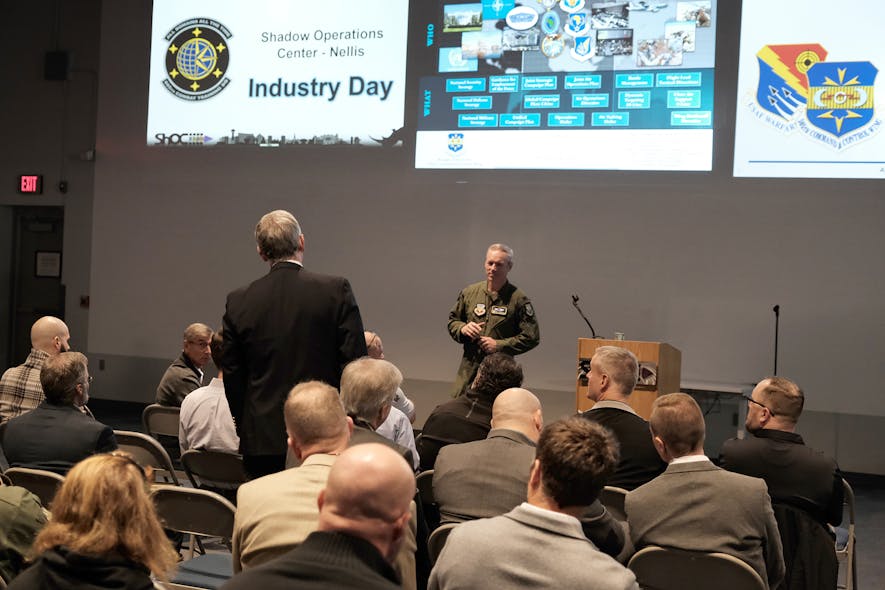 Col. Frederick Coleman, 505th Command and Control Wing commander, speaks at the 805th Combat Training Squadron, also known as the Shadow Operations Center-Nellis, or ShOC-N, Industry Open House highlighting the Air Force&apos;s Battle Lab ability to provide a low barrier to entry, access to data, and an opportunity for feedback from operators for C2-interested companies at Nellis Air Force Base, Nevada, Dec. 9, 2022. The event included more than 120 traditional and non-traditional industry experts who were briefed by the 505th Command and Control Wing and ShOC-N leaders about the needs for advanced C2 capabilities and to create shared awareness to continue accelerating C2 processes.