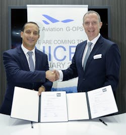 Karim Berrandou, CEO of G-OPS (left) and Michael Kuhn, CEO of DC Aviation at the signing ceremony. Karim Berrandou, CEO of G-OPS (left) and Michael Kuhn, CEO of DC Aviation at the signing ceremony.