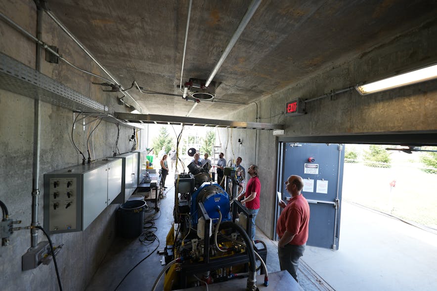 Students at Virginia Tech conduct tests on an airplane engine. Virginia Tech is the site of a newly announced pre-competitive research agreement with Pratt &amp; Whitney and Rolls-Royce, focusing on the impact of environmental contaminants on aeroengine operation and testing.