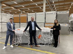 Alexander Grosman, senior ULD engineer at Jettainer, Adam Polley, senior sales manager at Bridport, and Adeliya Sofina, environmental coordinator and manager strategic procurement at Jettainer, with the new Pallet Net Zero. Alexander Grosman, senior ULD engineer at Jettainer, Adam Polley, senior sales manager at Bridport, and Adeliya Sofina, environmental coordinator and manager strategic procurement at Jettainer, with the new Pallet Net Zero.