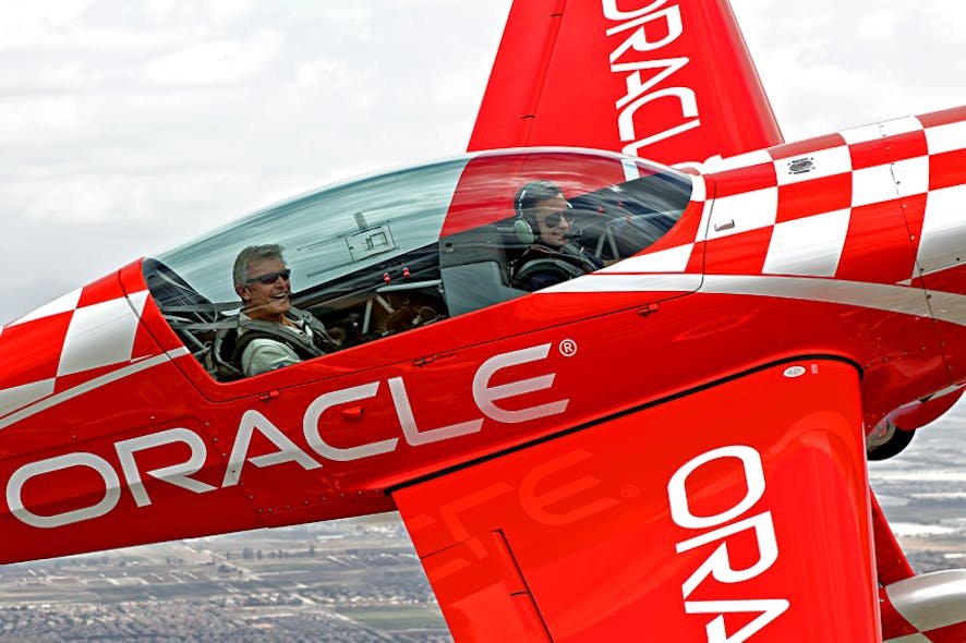Young Eagles chairman Sean D. Tucker (left), a legionary air show performer, flies with Nolan Hart over California in 2016.