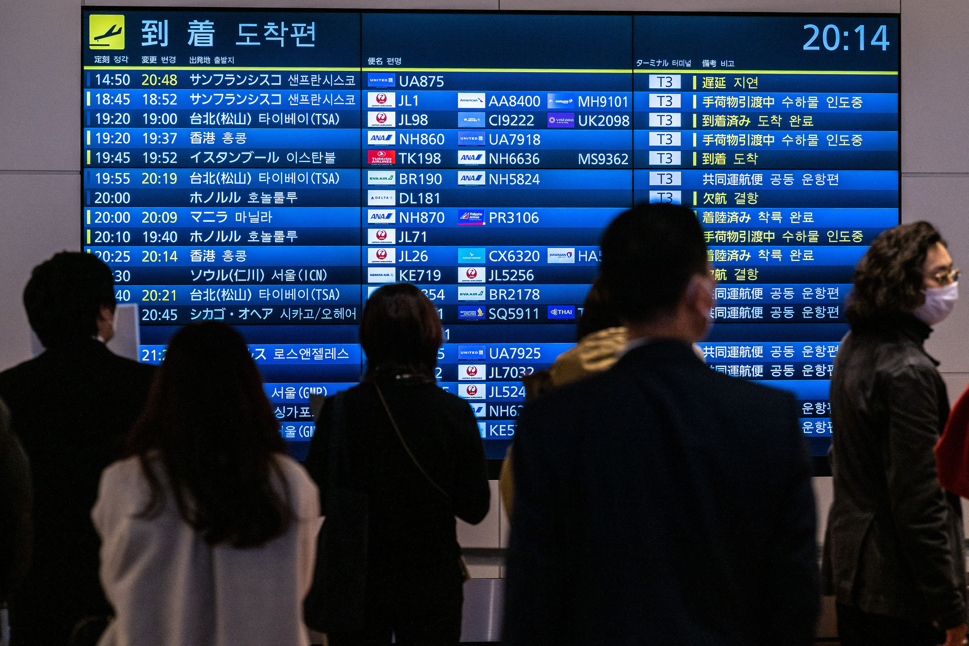 People wait in front a board showing international flight arrivals at Tokyo's Haneda international airport on Wednesday, Dec. 28, 2022. Hong Kong authorities asked Japan to remove restrictions on direct flights from the city, which were imposed following the explosion of coronavirus cases in mainland China.