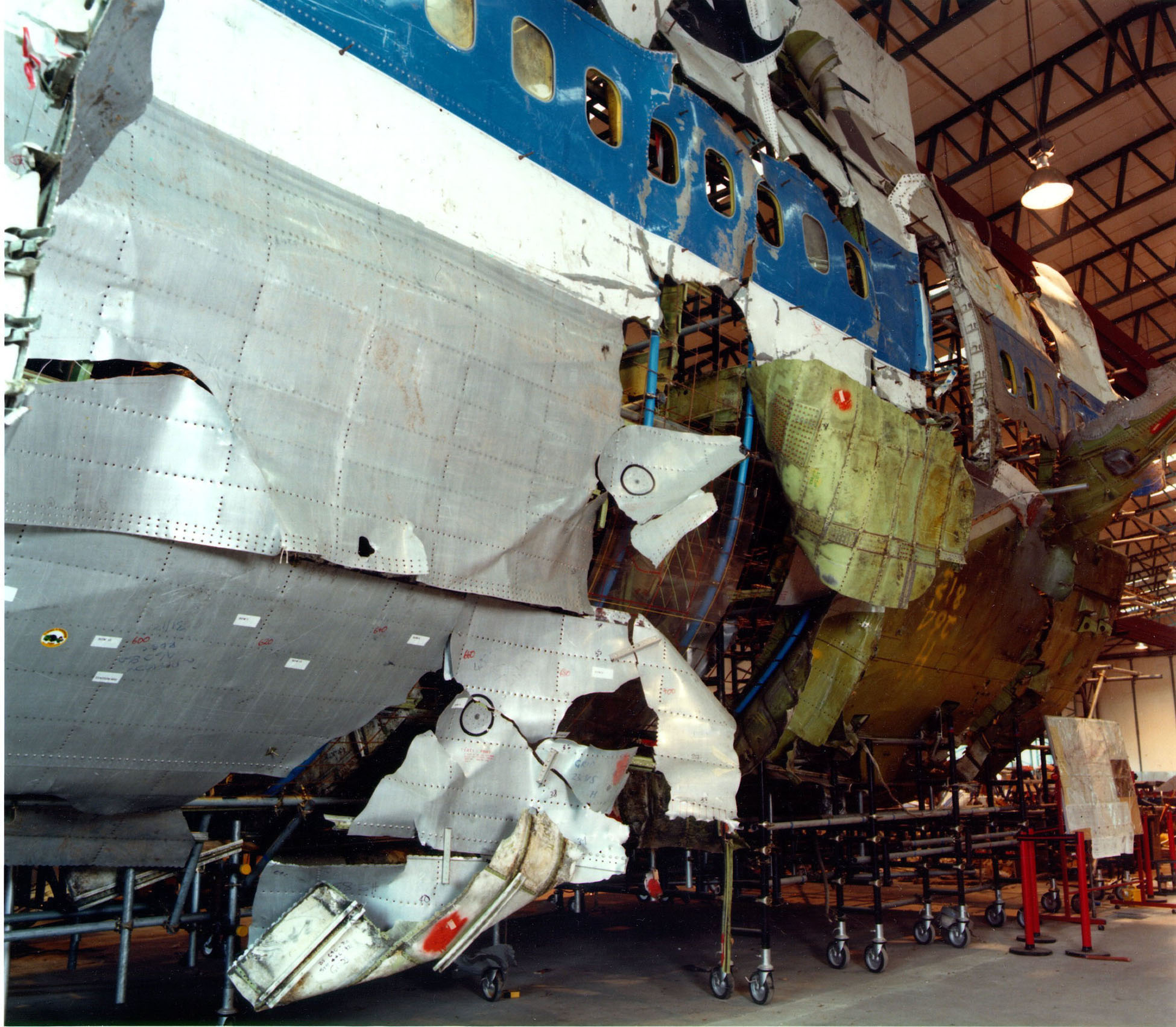 In this photo from Jan. 31, 2001, the 'shatter zone' portion of the reconstructed fuselage of Pan Am Flight 103, which exploded over Lockerbie, Scotland, in 1988, is on display in Edinburgh, Scotland.