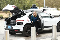 Phoenix Mayor Kate Gallego takes the first ride to the airport in a Waymo autonomous vehicle. Phoenix Mayor Kate Gallego takes the first ride to the airport in a Waymo autonomous vehicle.
