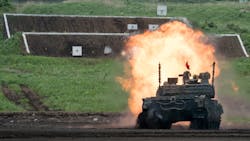 A Japan Ground Self-Defense Force (JGSDF) Type 10 battle tank fires ammunition during a live fire exercise at East Fuji Maneuver Area in Gotemba on May 28, 2022. A Japan Ground Self-Defense Force (JGSDF) Type 10 battle tank fires ammunition during a live fire exercise at East Fuji Maneuver Area in Gotemba on May 28, 2022.
