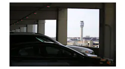 View of the air traffic control tower from the fourth floor of the Smart Parking Garage at Cleveland Hopkins International Airport. The garage will undergo substantial repairs in 2022.