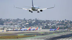 A United Airlines jet approaches San Diego International Airport for a landing after flying in from New York on August 29, 2019.