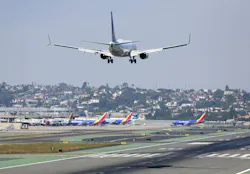 A United Airlines jet approaches San Diego International Airport for a landing after flying in from New York on August 29, 2019. A United Airlines jet approaches San Diego International Airport for a landing after flying in from New York on August 29, 2019.