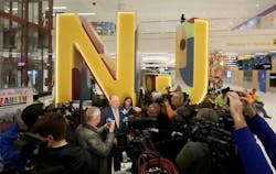 Elizabeth Mayor Chris Bollwage talks to media as Newark Liberty International Airport Terminal A opens to travelers on Jan. 12, 2023.