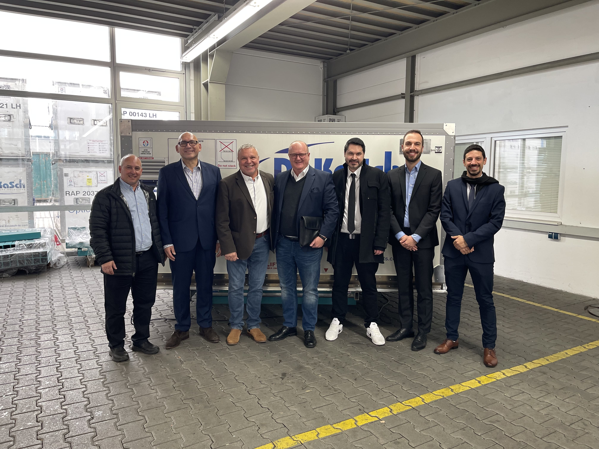 Representatives of EL AL Israel Airlines - Cargo Division and DoKaSch Temperature Solutions meet upon agreement of the Master Rental Agreement. Pictured (from left) are Moshe Popovich, Pharma Desk Manager, Cargo Division (EL AL); Andreas Seitz, Managing Director (DoKaSch TS); Moshe ben Haviv, Europe Commercial Manager, GSA &amp; Interline Manager (EL AL); Axel Beckmann, Managing Director (EuroCargoAviation, Handling Agent EL AL); Philipp Wagner, Teamleader EL AL Cargo Operations (EuroCargoAviation, Handling Agent EL AL); Marc Kr&uuml;ger, Airline Partner Manager (DoKaSch TS); and Dor Saidof, Business Development Manager &ndash; Israel (DoKaSch TS).