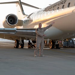 U.S. Air Force Lt. Col. Todd Arthur, 430th Expeditionary Electronic Communications Squadron commander, poses for a photo next to new U.S. Air Force E-11A BACN after its arrival at Prince Sultan Air Base, Kingdom of Saudi Arabia, Dec. 16, 2022. The E-11A BACN is the newest addition to 430th Expeditionary Electronic Communications Squadron&apos;s fleet. Commonly known as Battlefield Airborne Communications Node, or BACN, this aircraft extends the range of communications channels and enables better communication among units.