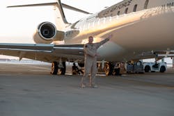 U.S. Air Force Lt. Col. Todd Arthur, 430th Expeditionary Electronic Communications Squadron commander, poses for a photo next to new U.S. Air Force E-11A BACN after its arrival at Prince Sultan Air Base, Kingdom of Saudi Arabia, Dec. 16, 2022. The E-11A BACN is the newest addition to 430th Expeditionary Electronic Communications Squadron's fleet. Commonly known as Battlefield Airborne Communications Node, or BACN, this aircraft extends the range of communications channels and enables better communication among units. U.S. Air Force Lt. Col. Todd Arthur, 430th Expeditionary Electronic Communications Squadron commander, poses for a photo next to new U.S. Air Force E-11A BACN after its arrival at Prince Sultan Air Base, Kingdom of Saudi Arabia, Dec. 16, 2022. The E-11A BACN is the newest addition to 430th Expeditionary Electronic Communications Squadron's fleet. Commonly known as Battlefield Airborne Communications Node, or BACN, this aircraft extends the range of communications channels and enables better communication among units.