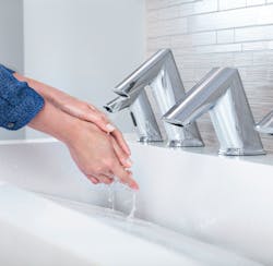 Sloan’s AER-DEC sink features a soap dispenser, faucet, hand dryer, and sink basin all designed to work together as one touch-free, hygienic, highly efficient system. Sloan’s AER-DEC sink features a soap dispenser, faucet, hand dryer, and sink basin all designed to work together as one touch-free, hygienic, highly efficient system.