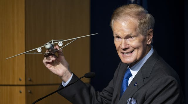 NASA Administrator Bill Nelson holds a model of an aircraft with a Transonic Truss-Braced Wing during a news conference on NASA&apos;s Sustainable Flight Demonstrator project, Wednesday, Jan. 18, 2023, at the Mary W. Jackson NASA Headquarters building in Washington, DC. Through a Funded Space Act Agreement, The Boeing company and its industry team will collaborate with NASA to develop and flight-test a full-scale Transonic Truss-Braced Wing demonstrator aircraft.