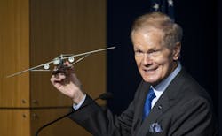 NASA Administrator Bill Nelson holds a model of an aircraft with a Transonic Truss-Braced Wing during a news conference on NASA's Sustainable Flight Demonstrator project, Wednesday, Jan. 18, 2023, at the Mary W. Jackson NASA Headquarters building in Washington, DC. Through a Funded Space Act Agreement, The Boeing company and its industry team will collaborate with NASA to develop and flight-test a full-scale Transonic Truss-Braced Wing demonstrator aircraft. NASA Administrator Bill Nelson holds a model of an aircraft with a Transonic Truss-Braced Wing during a news conference on NASA's Sustainable Flight Demonstrator project, Wednesday, Jan. 18, 2023, at the Mary W. Jackson NASA Headquarters building in Washington, DC. Through a Funded Space Act Agreement, The Boeing company and its industry team will collaborate with NASA to develop and flight-test a full-scale Transonic Truss-Braced Wing demonstrator aircraft.