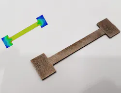 This is an example of a metal sample for mechanical tests. By subjecting it to stress, the researchers measure the material’s strength, identify weak spots, such as the red spots on the stress map, and determine primary modes of failure. This is an example of a metal sample for mechanical tests. By subjecting it to stress, the researchers measure the material’s strength, identify weak spots, such as the red spots on the stress map, and determine primary modes of failure.