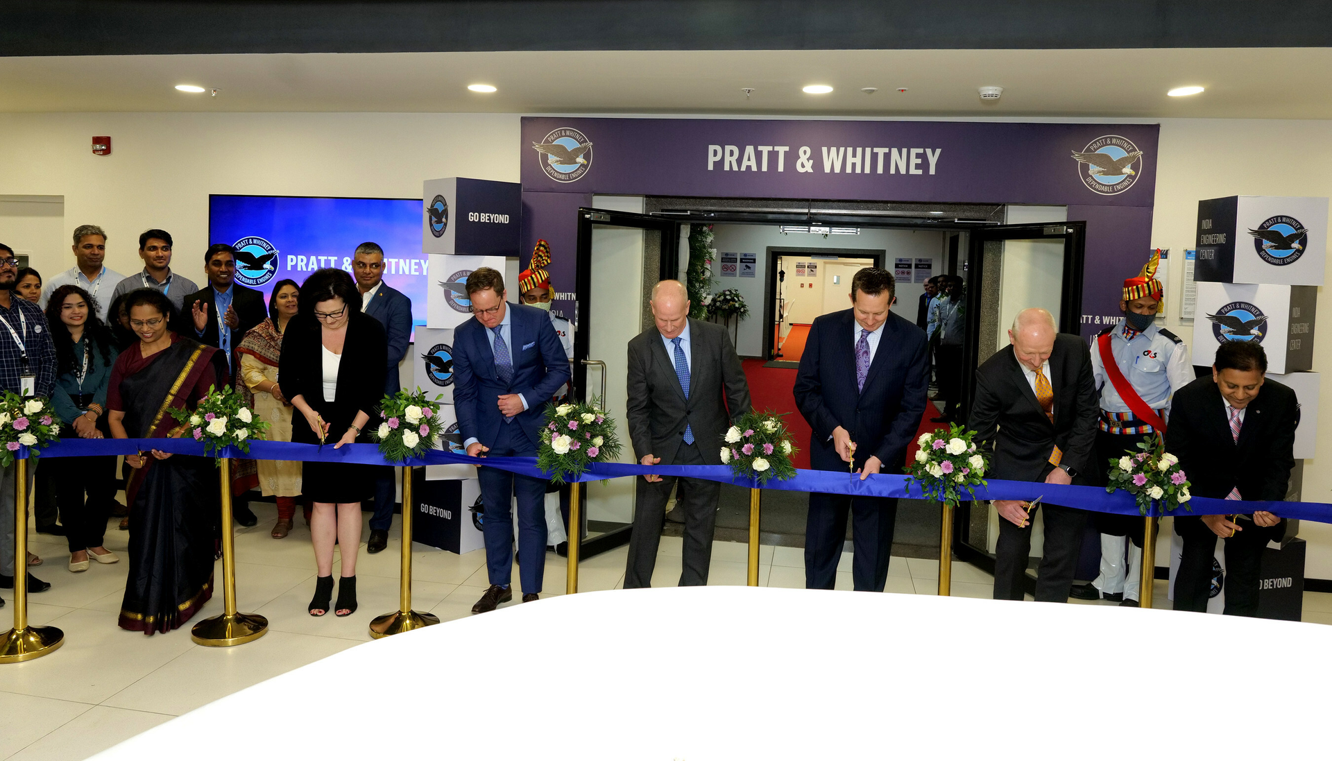 Pratt & Whitney leaders inaugurate the India Engineering Center (IEC). From L to R - Rema Ravindran, General Manager, IEC; Tizziana Weber, Vice President, Communications; Paul Weedon, Executive Director, Engineering, P&W Canada Corp; Shane Eddy, President; Rick Deurloo, President, Commercial Engines; Geoff Hunt, Senior Vice President, Engineering; DJ Dalal, North American Project Director, IEC
