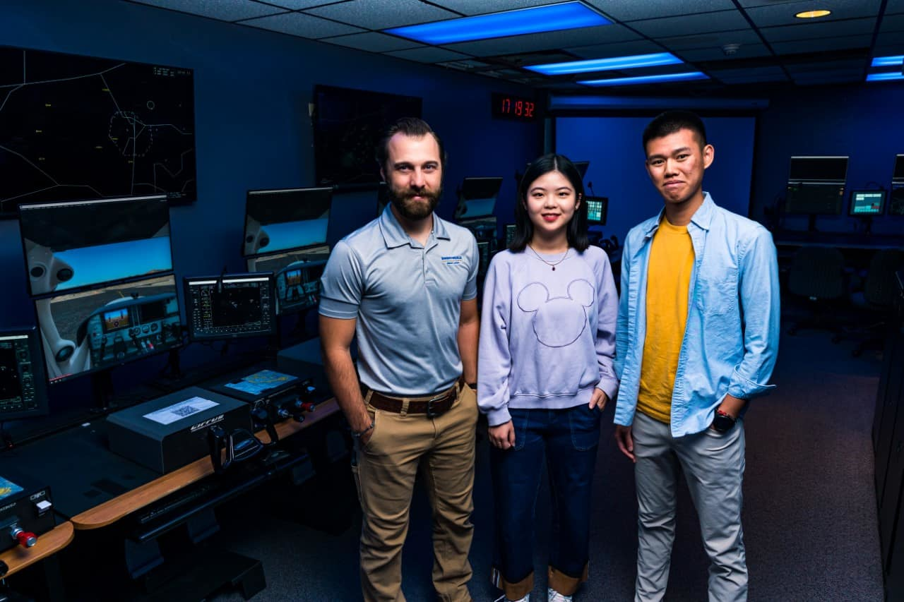 Research team Kyle Wilkerson, Amanda Zhu ('23) and Daniel Chiu ('23) developed an immersive program for international flight students to improve their radio communication skills.