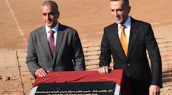 dnata's head of UAE and Iraq airport operations Jaffar Dawood (left) unveils foundation stone with Erbil International Airport's director general Ahmed Hoshyar.