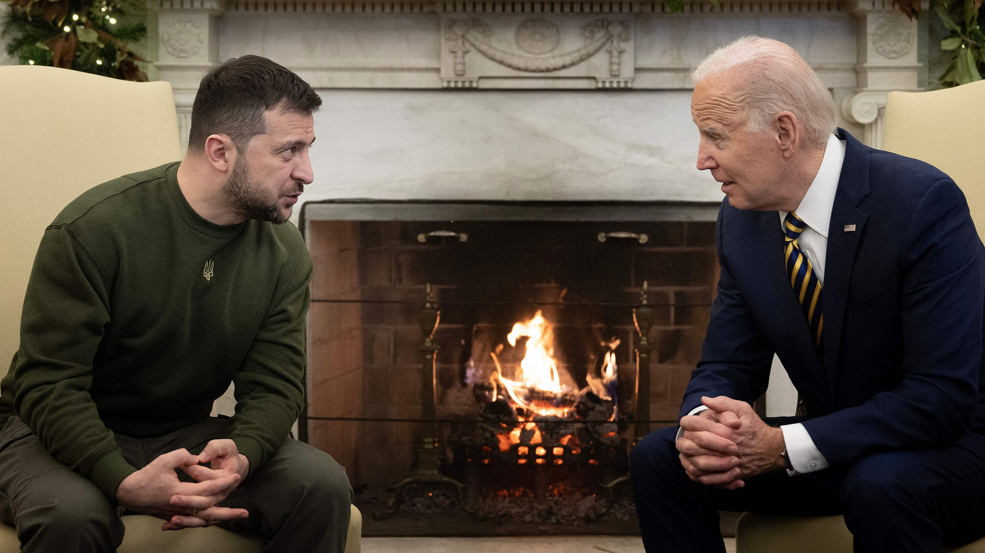 Ukraine's President Volodymyr Zelenskyy, left, meets with President Joe Biden in the Oval Office of the White House, in Washington, D.C., on Dec. 21, 2022.