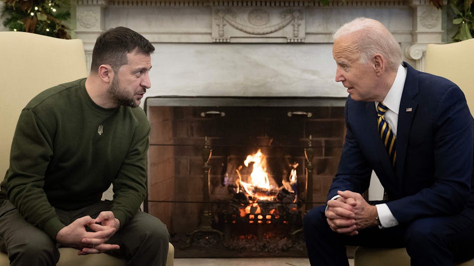 Ukraine&apos;s President Volodymyr Zelenskyy, left, meets with President Joe Biden in the Oval Office of the White House, in Washington, D.C., on Dec. 21, 2022.