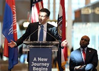 Secretary of Transportation Pete Buttigieg spoke Monday morning before a ribbon cutting ceremony to help celebrate the opening of the new terminal at KCI. The new terminal project broke ground in March 2019 and remains within its $1.5B budget and is on schedule for opening Tuesday, February 28. Monday marks the last day of operation of terminals B and C at the old facility. At right is Kansas City mayor Quinton Lucas.