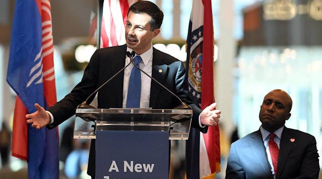 Secretary of Transportation Pete Buttigieg spoke Monday morning before a ribbon cutting ceremony to help celebrate the opening of the new terminal at KCI. The new terminal project broke ground in March 2019 and remains within its $1.5B budget and is on schedule for opening Tuesday, February 28. Monday marks the last day of operation of terminals B and C at the old facility. At right is Kansas City mayor Quinton Lucas.