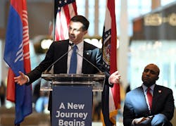 Secretary of Transportation Pete Buttigieg spoke Monday morning before a ribbon cutting ceremony to help celebrate the opening of the new terminal at KCI. The new terminal project broke ground in March 2019 and remains within its $1.5B budget and is on schedule for opening Tuesday, February 28. Monday marks the last day of operation of terminals B and C at the old facility. At right is Kansas City mayor Quinton Lucas. Secretary of Transportation Pete Buttigieg spoke Monday morning before a ribbon cutting ceremony to help celebrate the opening of the new terminal at KCI. The new terminal project broke ground in March 2019 and remains within its $1.5B budget and is on schedule for opening Tuesday, February 28. Monday marks the last day of operation of terminals B and C at the old facility. At right is Kansas City mayor Quinton Lucas.