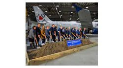 New York Governor Kathy Hochul (seventh from right) and JetBlue CEO Robin Hayes (first right) join leaders for the JFK Terminal 6 groundbreaking.