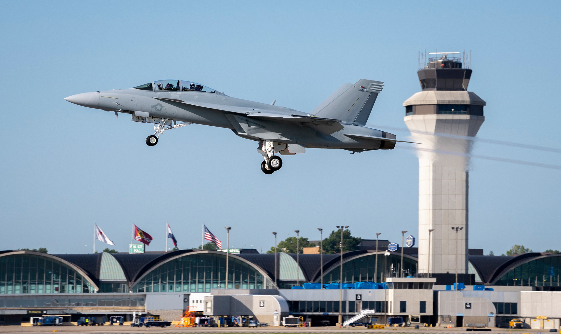 A Boeing-built F/A-18 Super Hornet takes off from Lambert International Airport in St. Louis. Boeing will continue to deliver new Block III Super Hornets to the Navy through 2025.
