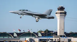 A Boeing-built F/A-18 Super Hornet takes off from Lambert International Airport in St. Louis. Boeing will continue to deliver new Block III Super Hornets to the Navy through 2025.