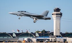 A Boeing-built F/A-18 Super Hornet takes off from Lambert International Airport in St. Louis. Boeing will continue to deliver new Block III Super Hornets to the Navy through 2025. A Boeing-built F/A-18 Super Hornet takes off from Lambert International Airport in St. Louis. Boeing will continue to deliver new Block III Super Hornets to the Navy through 2025.