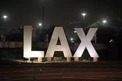 A sign at the entrance of Los Angeles International Airport in Los Angeles on September 7, 2010. On Friday night, a jet and a shuttle bus collided on the tarmac, sending four of people to the hospital.
