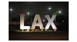 A sign at the entrance of Los Angeles International Airport in Los Angeles on September 7, 2010. On Friday night, a jet and a shuttle bus collided on the tarmac, sending four of people to the hospital.