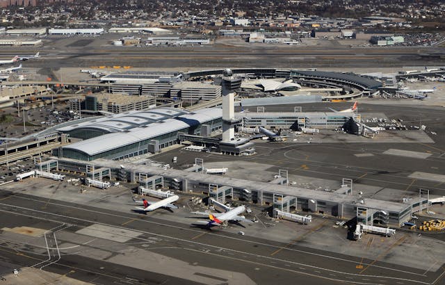 An aerial view of John F. Kennedy International Airport on Nov. 9, 2010 in the Jamaica neighborhood of the Queens borough of New York City. Terminal 1 at JFK reopened with limited operations on Saturday, Feb. 18, 2023, two days after a power outage forced flight delays and diversions.