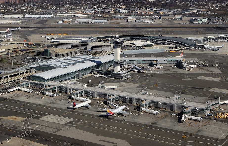 An aerial view of John F. Kennedy International Airport on Nov. 9, 2010 in the Jamaica neighborhood of the Queens borough of New York City. Terminal 1 at JFK reopened with limited operations on Saturday, Feb. 18, 2023, two days after a power outage forced flight delays and diversions.
