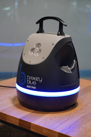 Breezy Blue is a hydrogen peroxide fogger for smart automated disinfection. The new robot was designed to disinfect smaller spaces up to 30,000 cubic feet like EMS vehicles, school buses and classrooms.