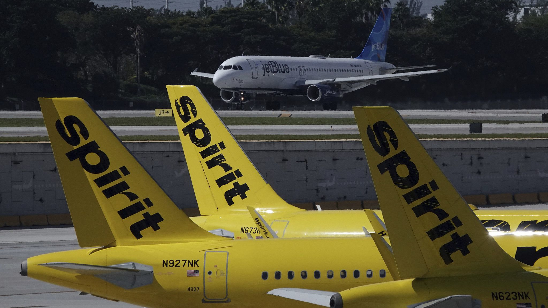 A JetBlue airliner takes off past Spirit Airlines planes parked at Fort Lauderdale-Hollywood International Airport. The federal government is suing to block Spirit's takeover by JetBlue, which hopes a settlement with the state of Florida will help pave the way for a resolution.
