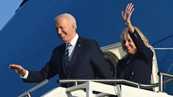 U.S. President Joe Biden, left, and first lady Jill Biden disembark from Air Force One on their arrival at Royal Air Force Mildenhall, England on Wednesday, June 9, 2021, ahead of the three-day G7 Summit. Air Force One is getting a paint job, and it resembles the iconic appearance of old. U.S. President Joe Biden, left, and first lady Jill Biden disembark from Air Force One on their arrival at Royal Air Force Mildenhall, England on Wednesday, June 9, 2021, ahead of the three-day G7 Summit. Air Force One is getting a paint job, and it resembles the iconic appearance of old.