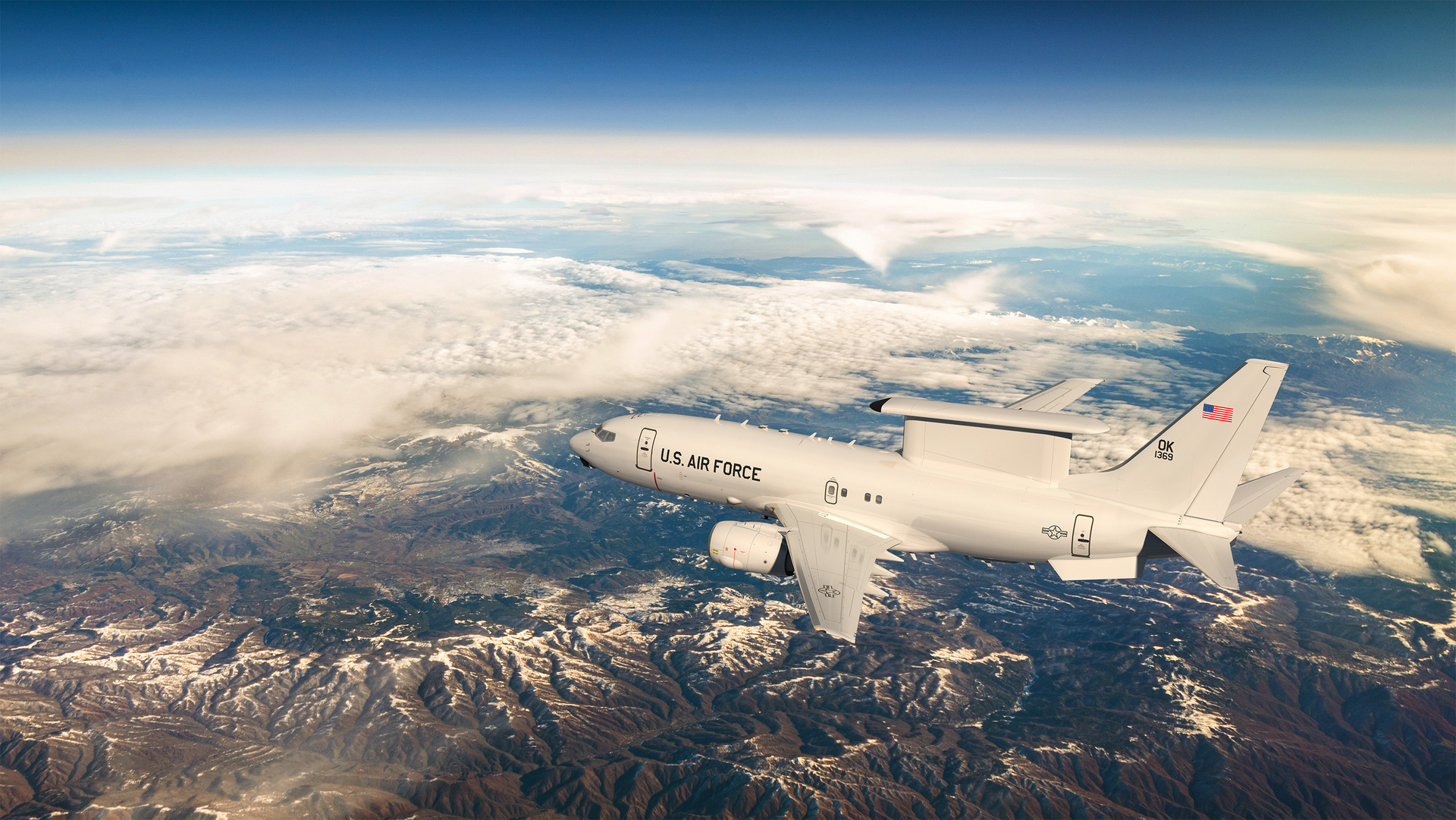 An artist's depiction shows an E-7A in flight. The E-7A is the Department of Defense's future tactical battle management, command and control and moving target indication platform scheduled to replace the E-3 Airborne Warning and Control System.