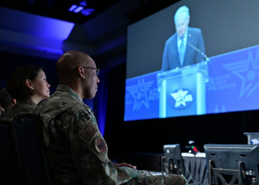 Air Force Chief of Staff Gen. CQ Brown, Jr. and Chief Master Sgt. of the Air Force JoAnne Bass listen to Secretary of the Air Force Frank Kendall deliver his keynote speech &ldquo;One Team, One Fight&rdquo; during the Air and Space Forces Association 2023 Warfare Symposium in Aurora, Colo., March 7, 2023. Kendall emphasized the need to modernize and reshape the Air Force and Space Force to confront China and other emerging powers.