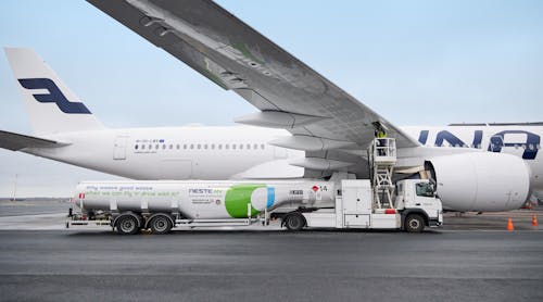 Tanker truck delivering Neste&rsquo;s sustainable aviation fuel (SAF) at Helsinki Airport in Finland.