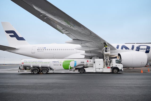 Tanker truck delivering Neste&rsquo;s sustainable aviation fuel (SAF) at Helsinki Airport in Finland.