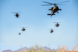 AH-64 Apaches perform a flyover at the Boeing Mesa site in Arizona. AH-64 Apaches perform a flyover at the Boeing Mesa site in Arizona.