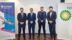 Left to right: Jesus Presa, account manager, Air BP; Francisco Quintana, vice-president refining, BP Castellón; Matias E. Cortina, Vice-President Commercial EMEA LATAM Cargo; and Julio Casas, regional sales director, Air BP. Left to right: Jesus Presa, account manager, Air BP; Francisco Quintana, vice-president refining, BP Castellón; Matias E. Cortina, Vice-President Commercial EMEA LATAM Cargo; and Julio Casas, regional sales director, Air BP.