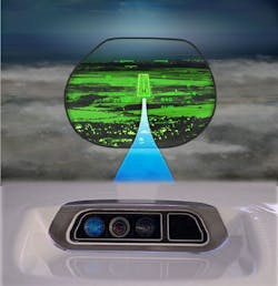 The FalconEye multi-sensor camera combines visual input with synthetic terrain mapping viewed through a head-up display (HUD). The FalconEye multi-sensor camera combines visual input with synthetic terrain mapping viewed through a head-up display (HUD).
